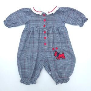 Vintage Scottie Dog Romper Baby Blue Red Plaid Heart Buttons 3-6 Months